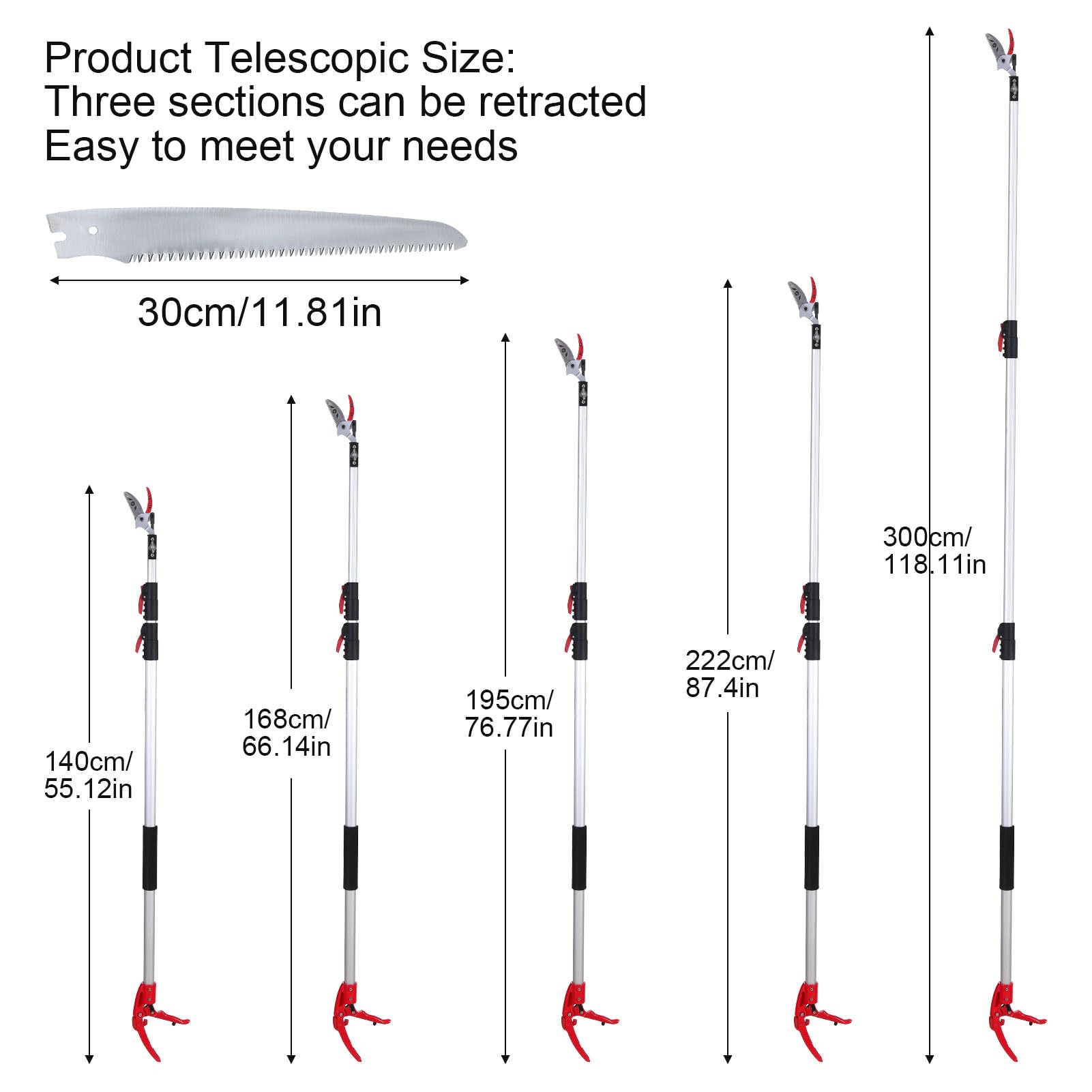 Podadora de árboles, 140 cm-300 cm, telescópica de largo alcance, resistente, con cuchillas de repuesto, ideal para quitar ramas altas y recoger frutas