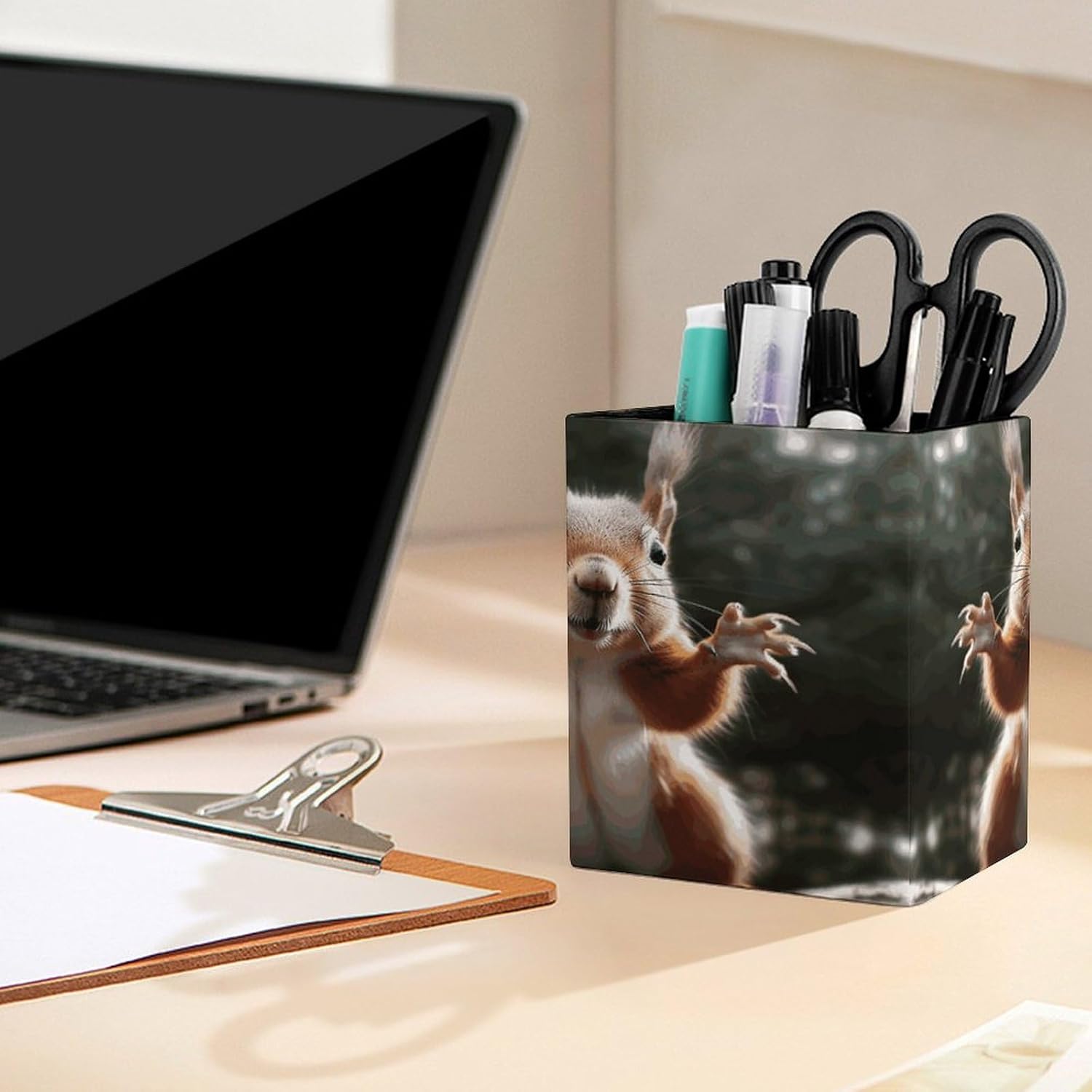 PU Leather Pencil Holder Squirrel Funny Animal Pen Holder for Office Desk Accessories & Workspace Organizer Square Pencil Cup with Non-slip Bottom for Home Bathroom Conference Room image 5