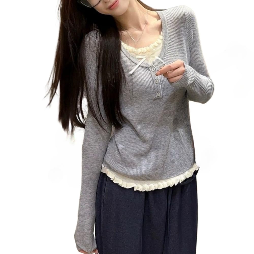 Women Coquette Long Sleeve Shirts Cute Lace Ruffle Bow Tie Cropped Sweater Y2K Fairy Grunge Vintage Y2K Top