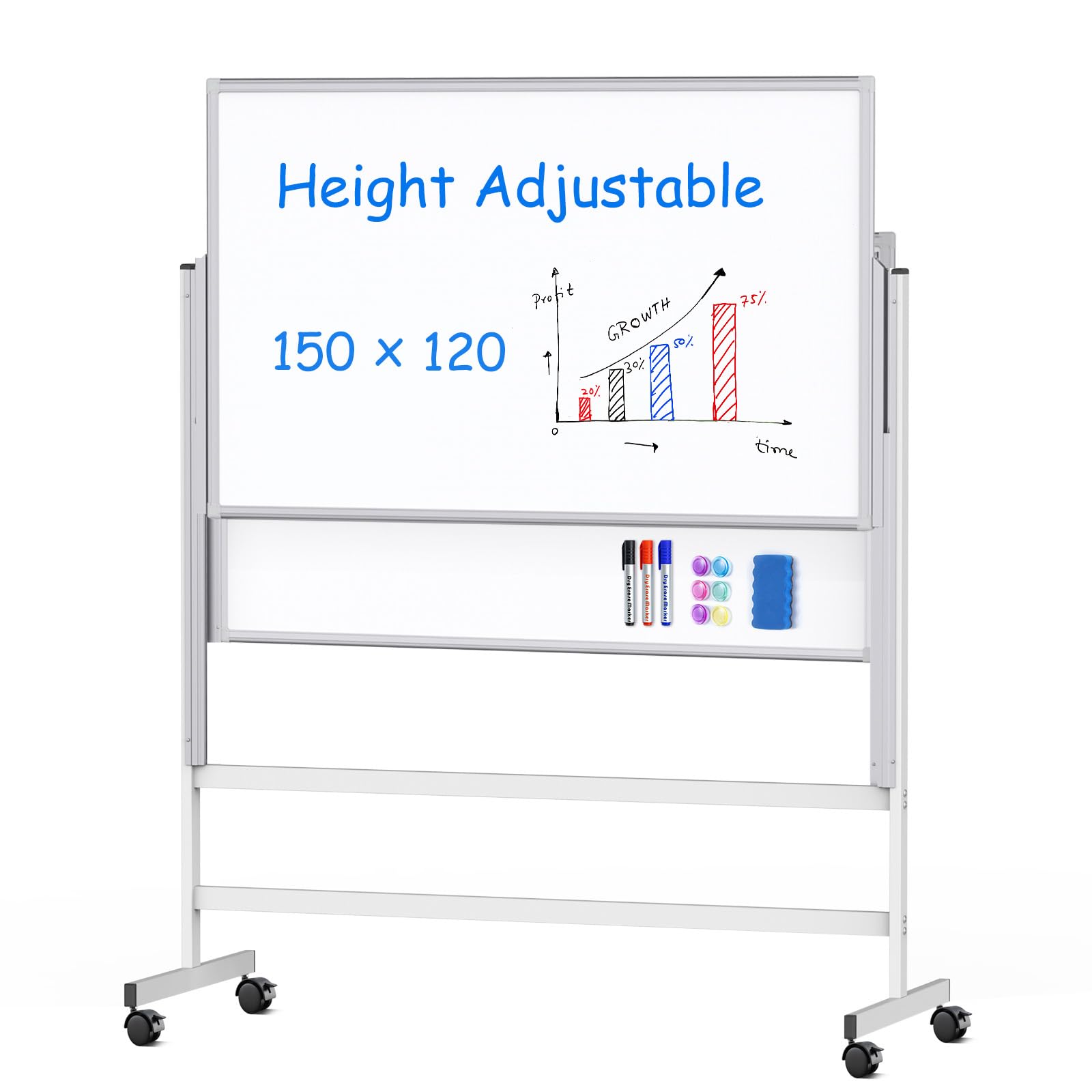 Maxtek Pizarra Blanca Móvil Regulable en Altura 150×120 cm, Doble Cara Magnética 120×75 cm, Whiteboard con Ruedas Marco Aluminio