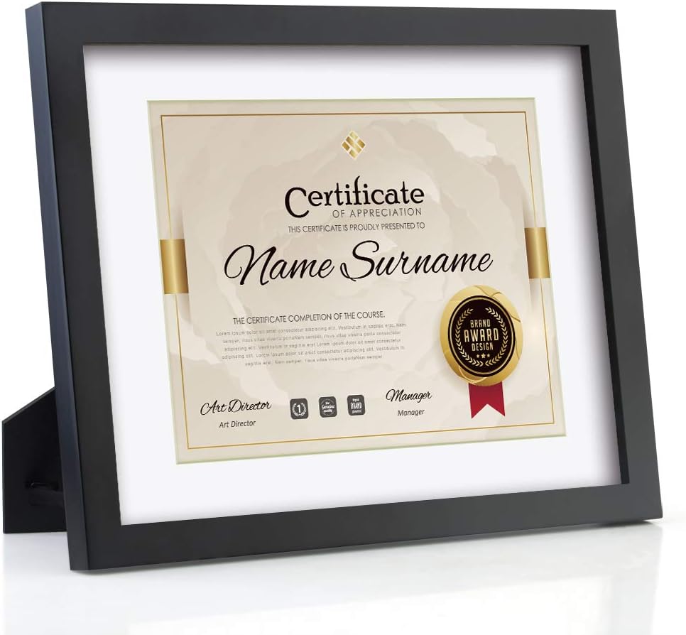 RPJC Document Frame Certificate Frames Made of Solid Wood High Definition Glass and Display Diplomas 8.5x11 with Mat or 11x14 Inch Without Mat Standard Paper Frame with Stand Black