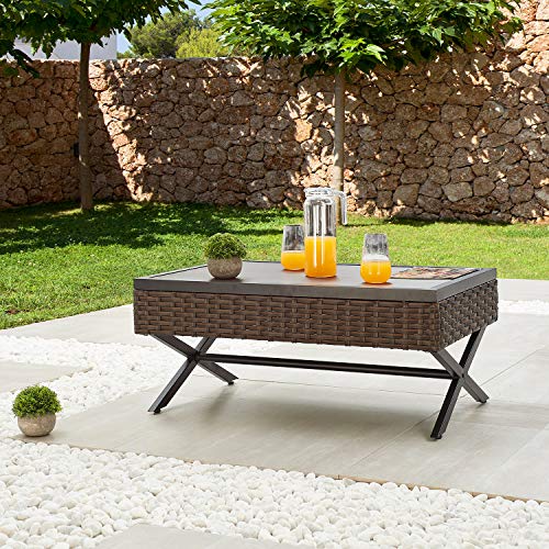 Festival Depot Metal Outdoor Side Coffee End Table Patio Bistro Living Room Dining Table Wood Grain Top Wicker Rattan Furniture With X Shaped Steel Legs Brown Black (Rectangle) #TOP21