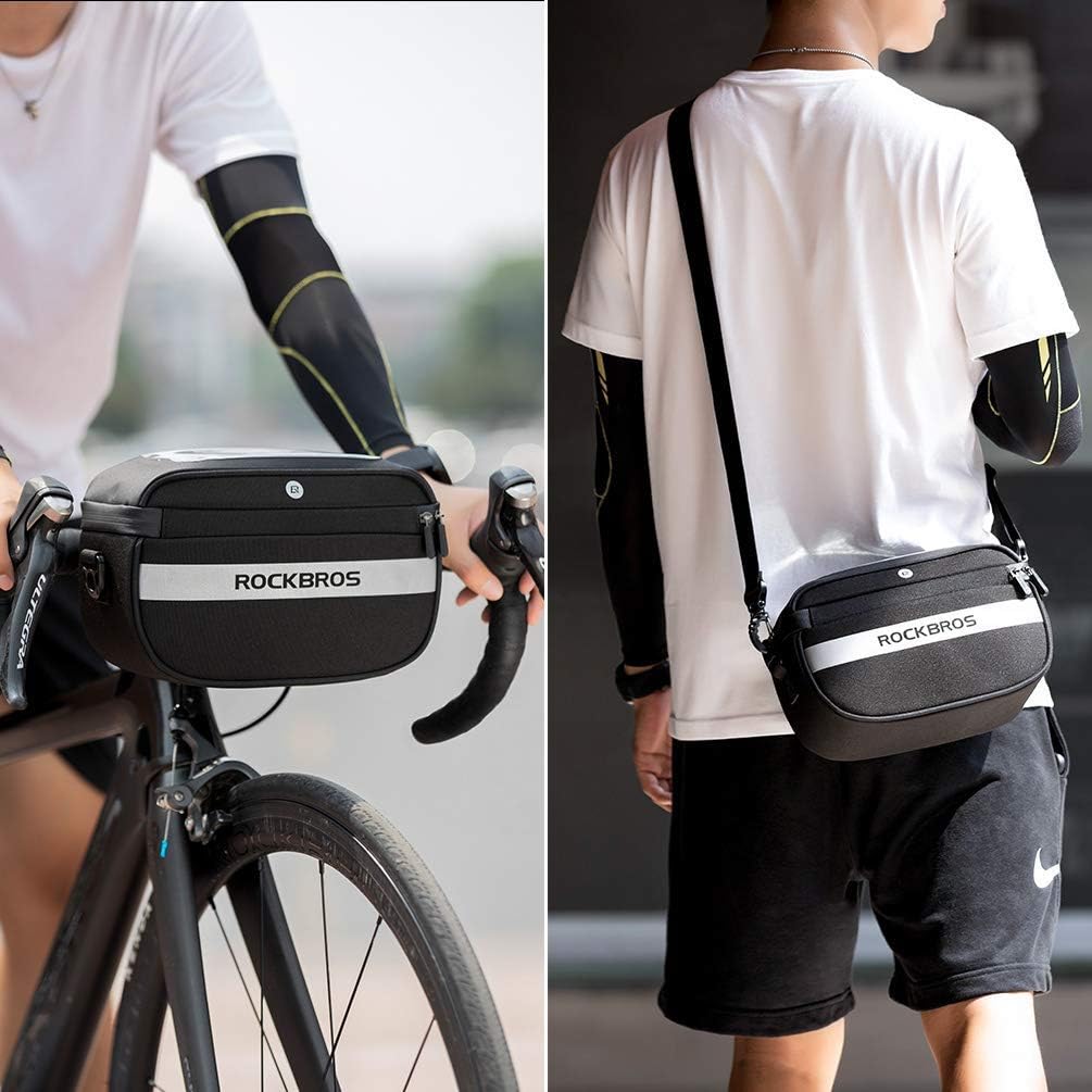 ROCKBROS Bike Handlebar Bag Front Bike Basket Bag Bicycle Storage Bag Reflective Stripe Touch Screen Phone Holder Pouch for Road Mountain Bike with Shoulder Strap : Sports & Outdoors