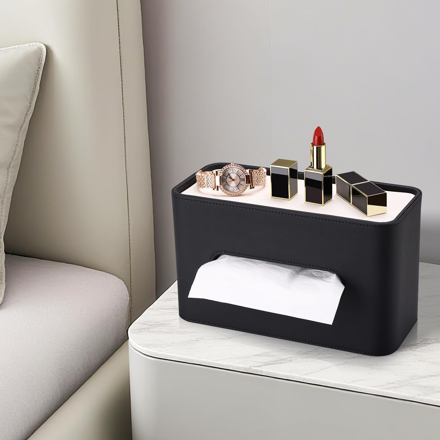 GORESE PU Leather Tissue Box Cover Rectangle Tissue Box Holder for kleenexs, Decorative Tissue Cover Holder for Bathroom Bedroom Living Room Office, Black & White