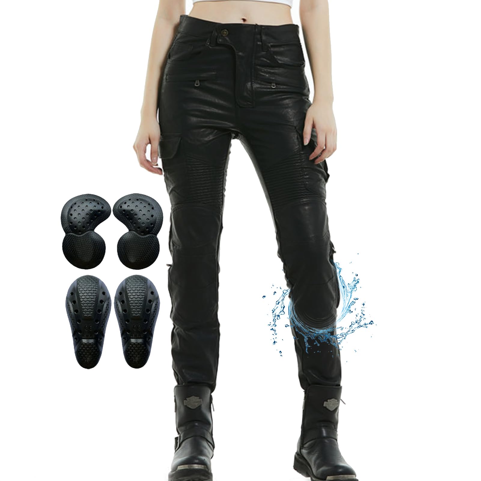 Jeans da moto da donna Pantaloni protettivi per moto Pantaloni da moto rivestiti in PU impermeabili antivento,con 2 paia di protezioni per fianchi e ginocchia rimovibili (Black-C,M)