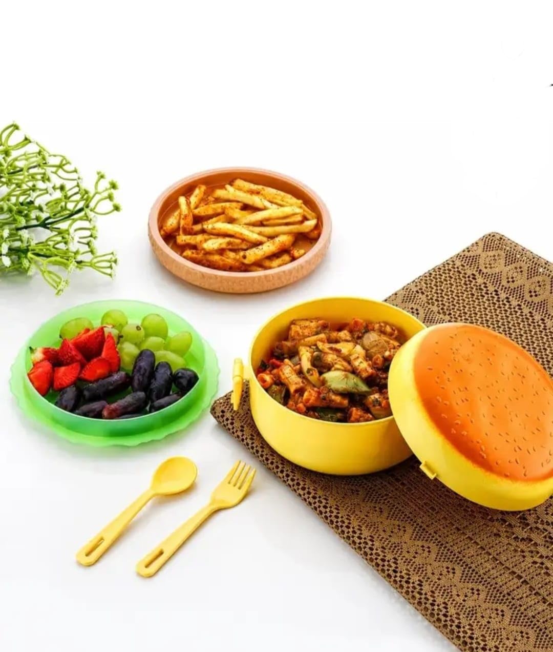 Burger Shaped Kids Lunch Box 1000ml with Spoon & Fork BPA Free | 3-Tier Design, 2 Removable Compartments, BPA Free, For School & Picnic, 14 x 9 cm-image-13