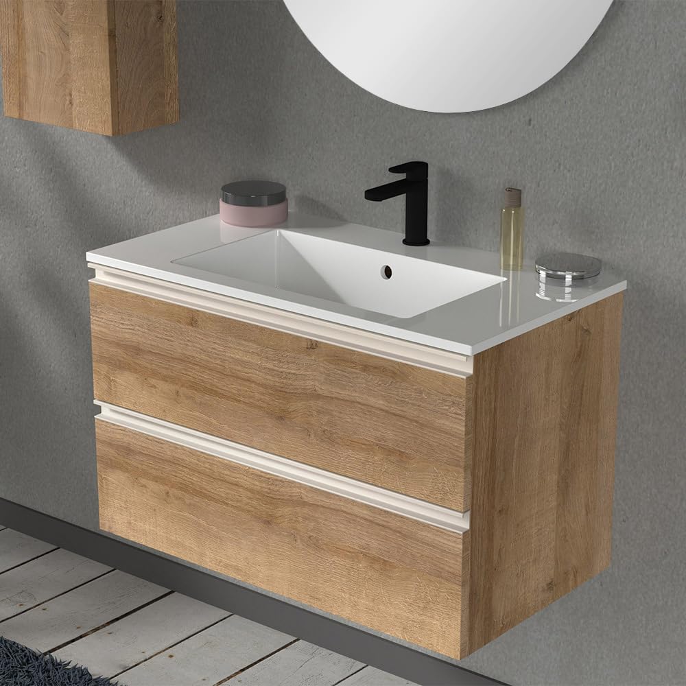 Inbagno Mobile bagno moderno sospeso 80 cm, serie Master 2 cassetti, completo di lavabo e specchio Garanzia 5 anni (Rovere Miele)