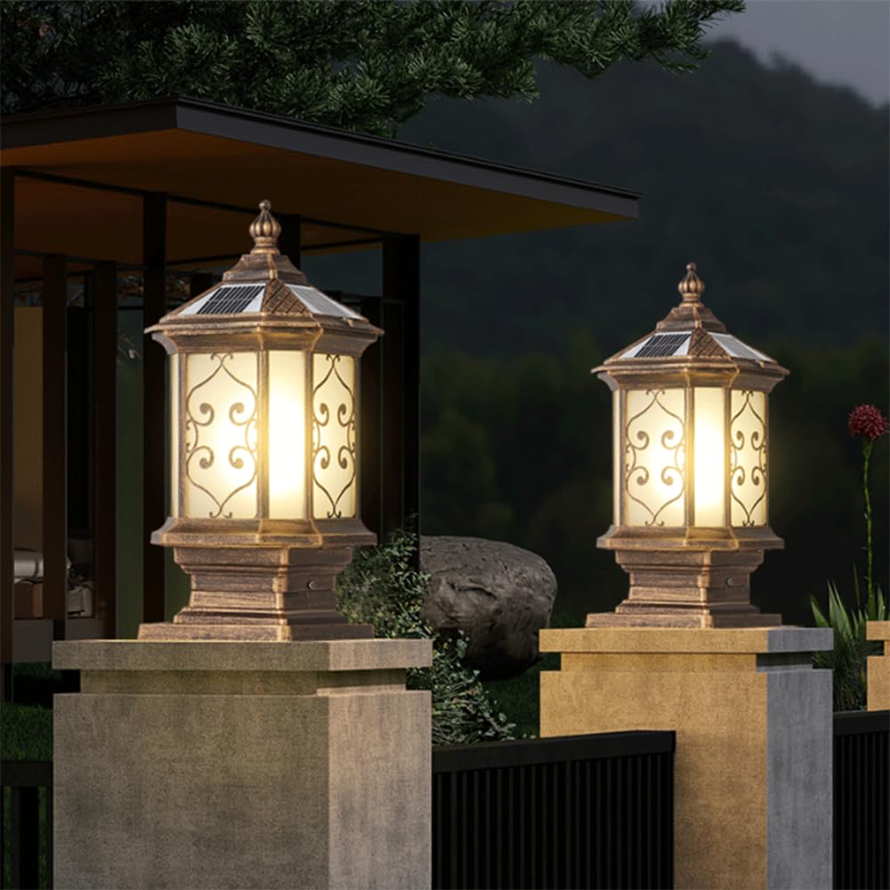 Lampes Solaires D'extérieur Sur Poteau, Étanches, En Aluminium Moulé Sous Pression, Avec Détecteur Crépusculaire Et LED. Lanterne Pilier En Verre Au Style Vintage, Idéale Pour Jardin