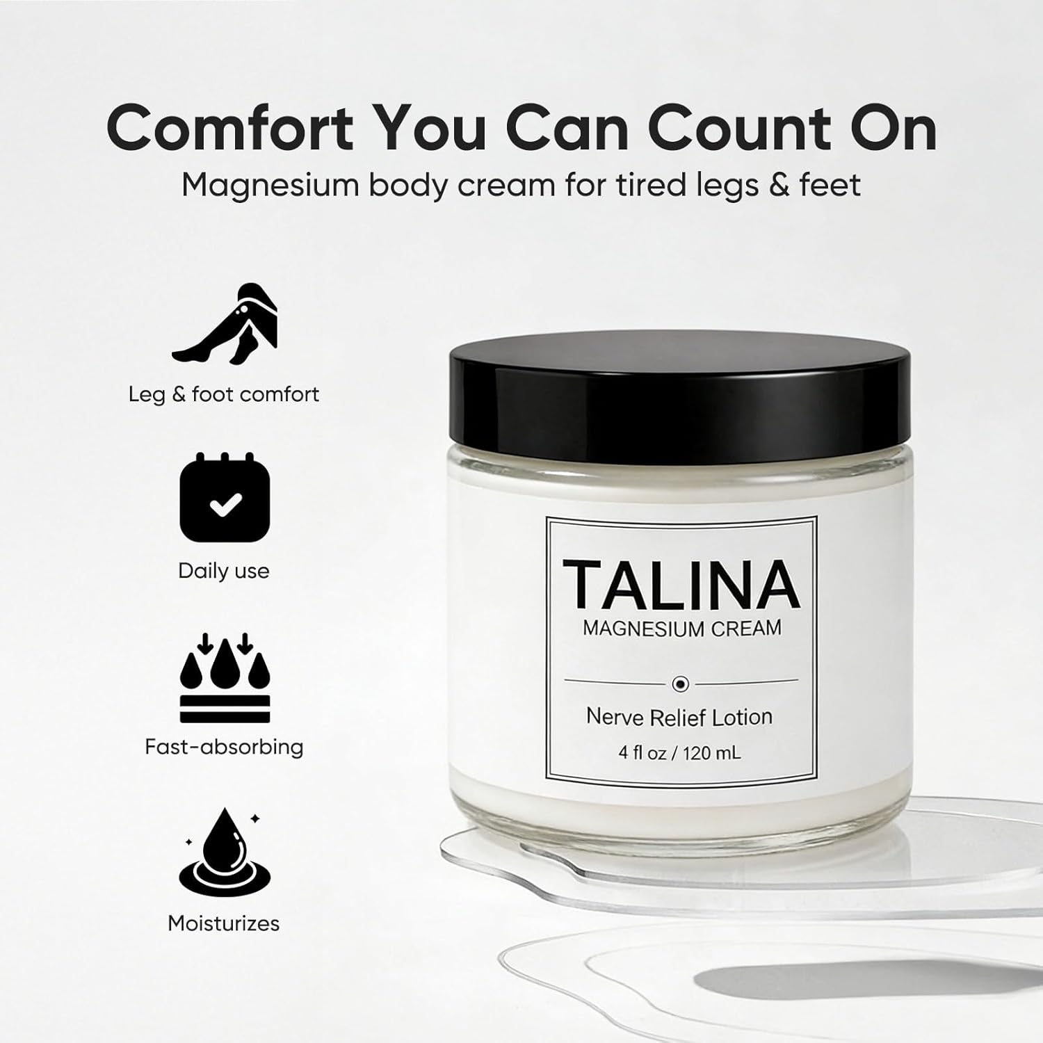 Talina Nerve Relief Lotion – Intensive Relief Cream for Feet, Hands & Legs – With Arnica Montana, Magnesium Chloride, Rosemary, MSM, Frankincense & Menthol – 4 fl oz / 120 mL