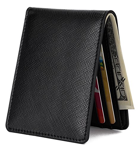 Mens Slim Front Pocket Wallet ID Window Card Case with RFID Blocking - Cross Black