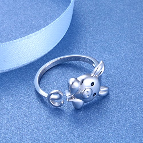 Flyow 925 Sterling Silver Cute Pig Wrap Ring For Women, Open Animal Ring Adjustable #TOP2