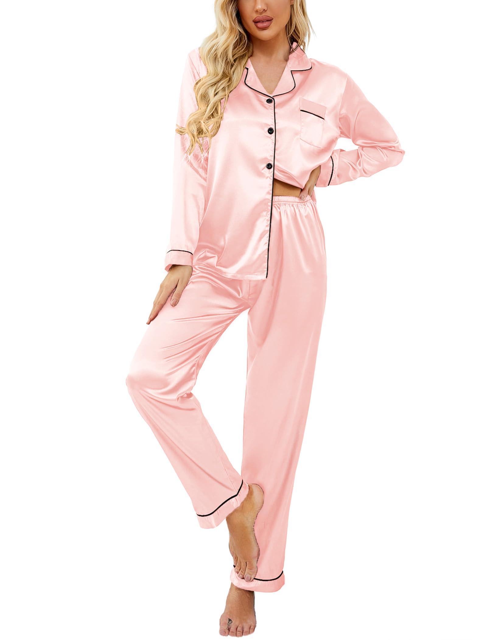 Ekouaer Pigiama da Donna in Raso, a Maniche Lunghe, con Bottoni, Biancheria da Notte con Scollo a V, Set da Due Pezzi