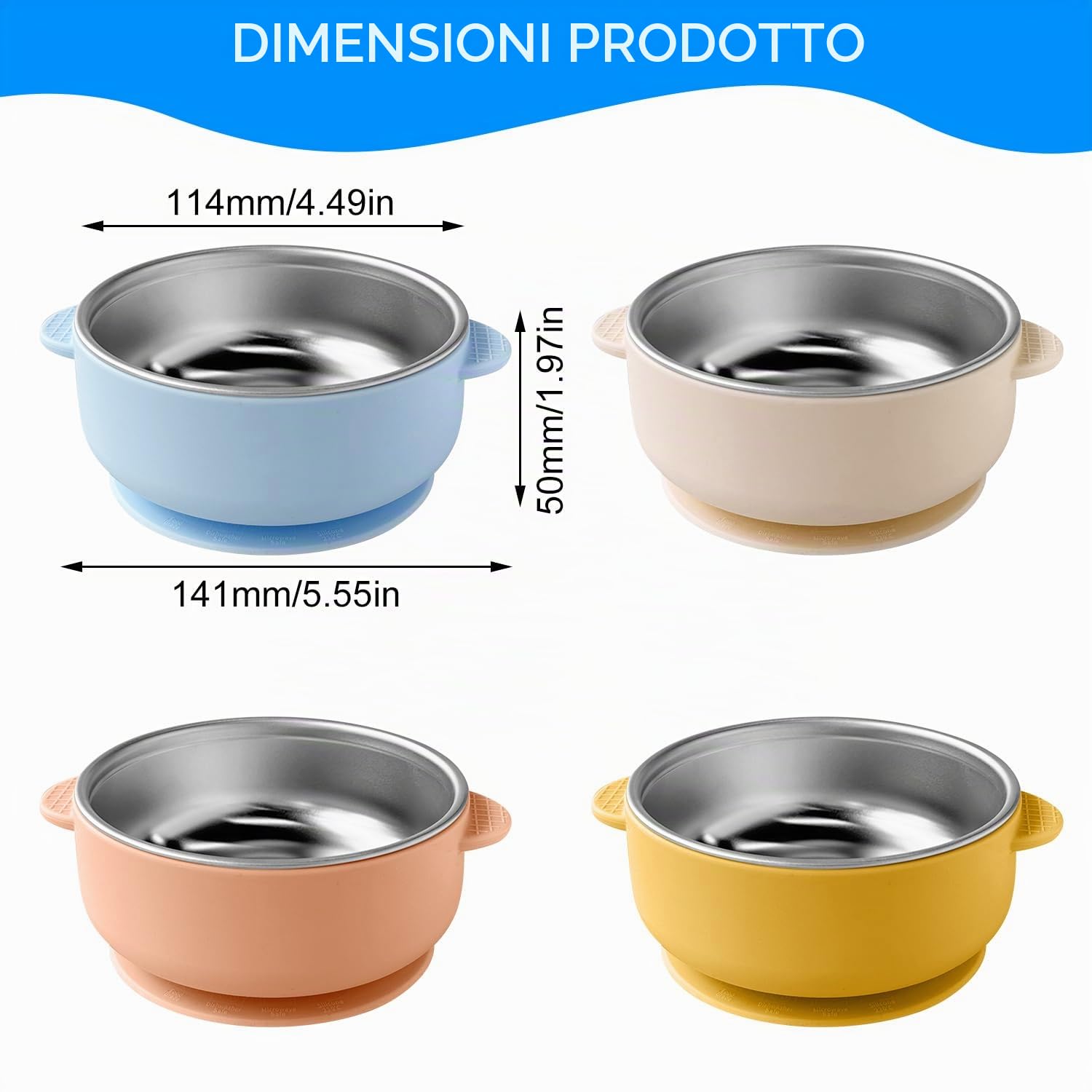 Set di 4 ciotole per bambini in acciaio inox con ventosa, protezione dalle scottature, ciotola in silicone rimovibile, ciotola per porridge e porridge, senza BPA, a prova di perdite per bambini