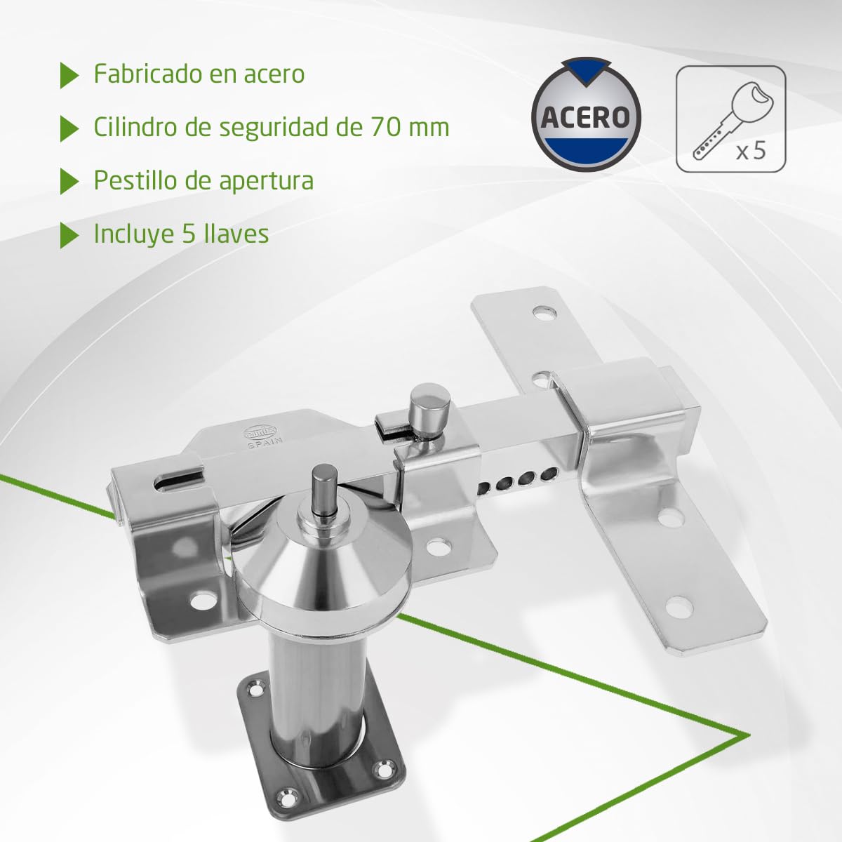 Amig - Cerrojo de Sobreponer para Puertas con Cilindro de Seguridad y Pestillo de Apertura - Acero - Color Plateado - Cilindro 70 mm - Incluye 5 Llaves de Punto - 88 x 153 mm