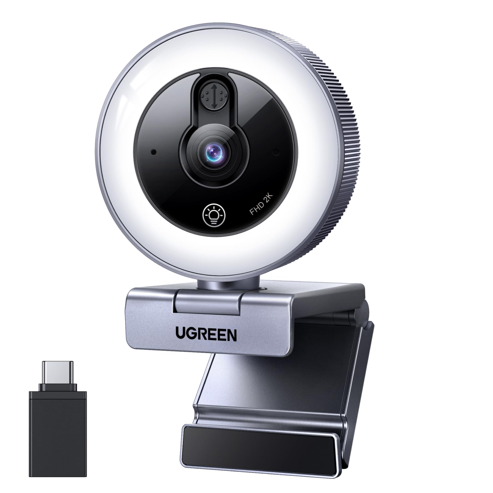 UGREEN 2K Webcam with 4-Level Ring Light, Full HD Webcam for PC with Microphone, Privacy Cover, USB Web Camera Compatible with Switch 2, Streaming, Co