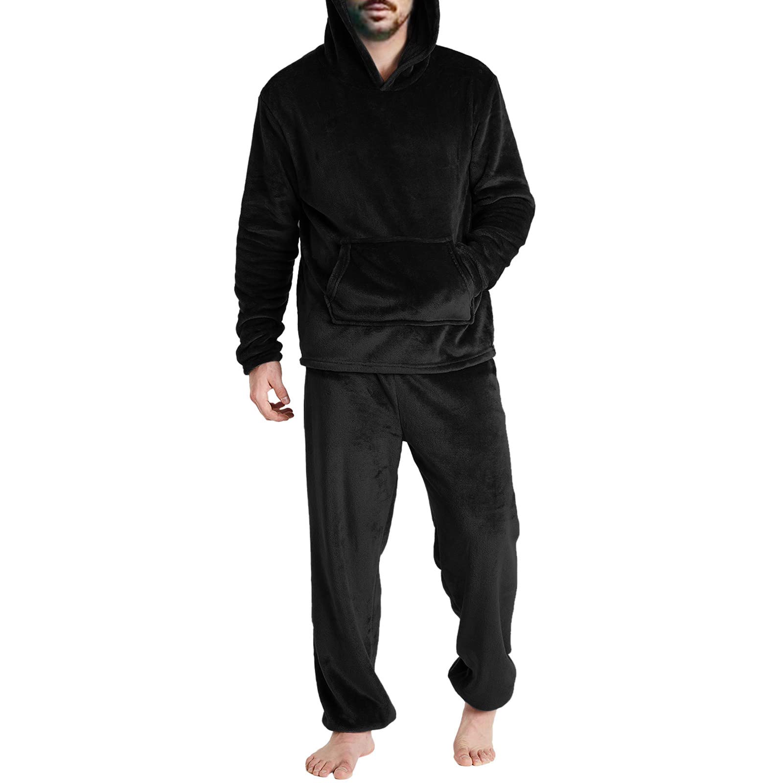Pigiama da uomo in flanella, in pile spesso, con cappuccio e pantaloni da pigiama, in due pezzi, tinta unita, morbido, con tasca, delicato sulla pelle, con cappuccio