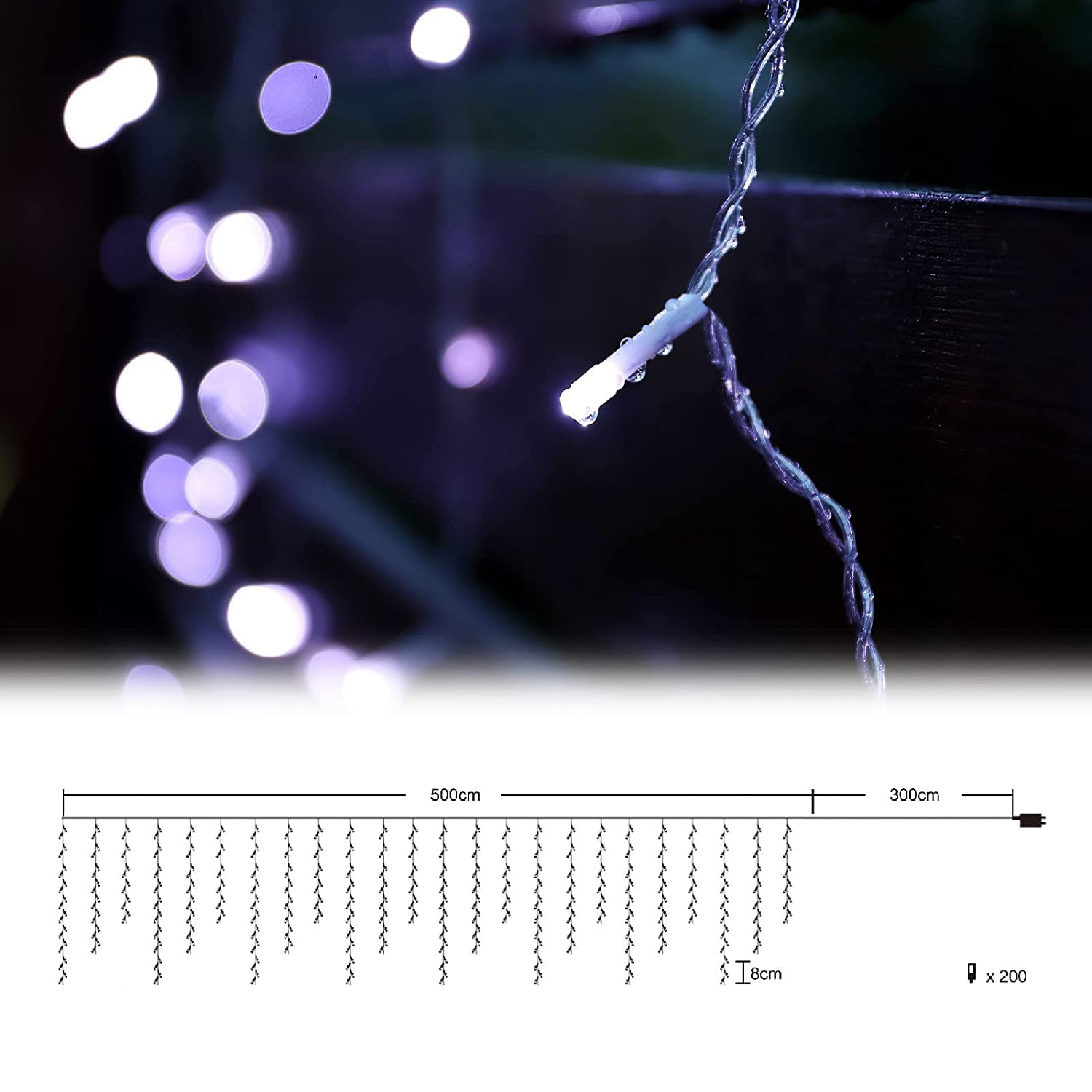 SALCAR Łańcuch świetlny LED, 5 m, do użytku na zewnątrz, do wnętrz, na Boże Narodzenie, oświetlenie bożonarodzeniowe, prąd 31 V, z 8 trybami oświetlenia i funkcją pamięci, niebiesko-biały