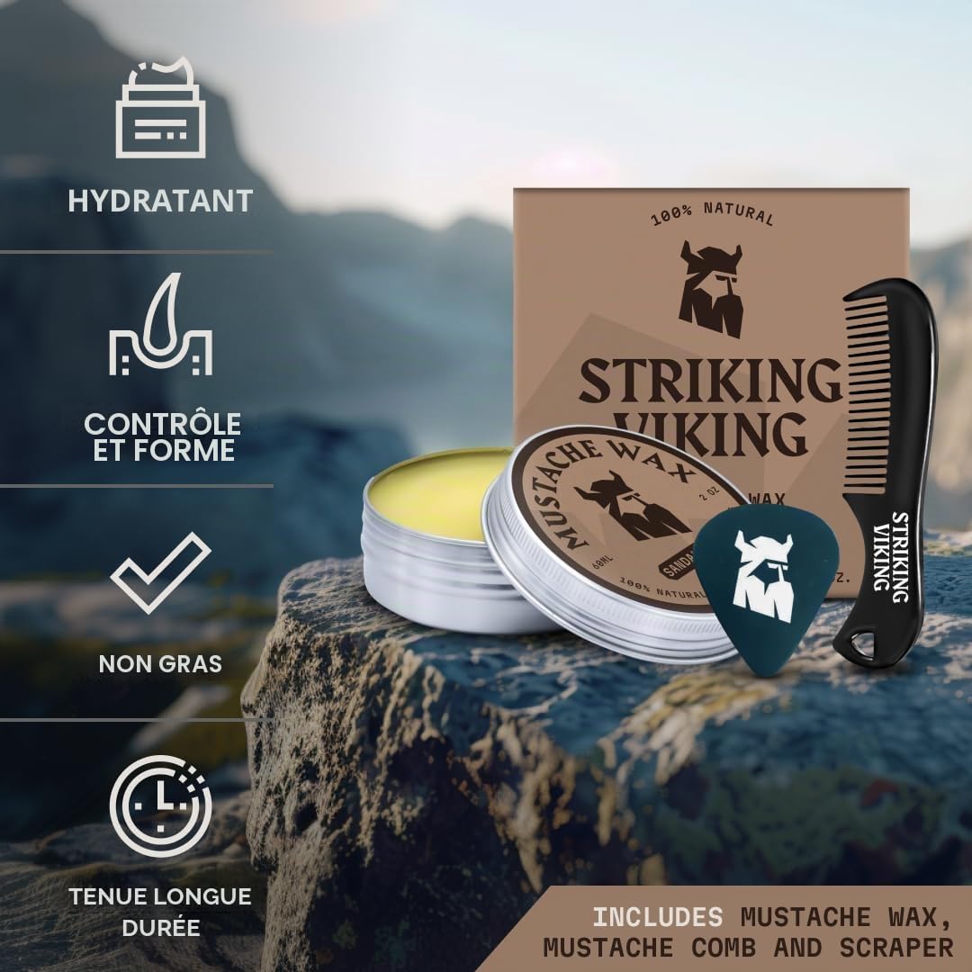 Striking Viking Kit de cire à moustache et peigne - Cire à barbe et moustache pour hommes avec cire d'abeille naturelle à forte tenue - aide à dompter, à coiffer et à toiletter, 2 onces (Santal)