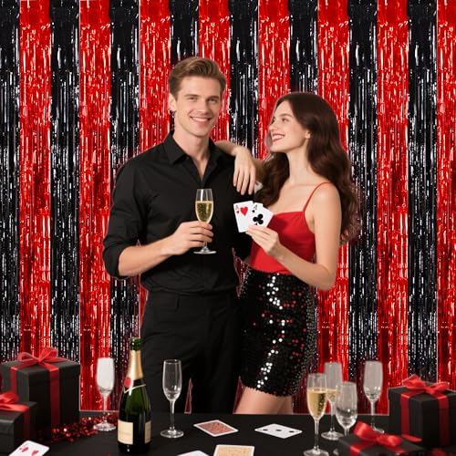 Image of BEISHIDA Red Black Door Streamers Backdrop Foil Fringe Tinsel Party Streamers Curtains Photo Backdrop - 2Pcs for Birthday Graduation Bachelorette Halloween New Year Party Decoations