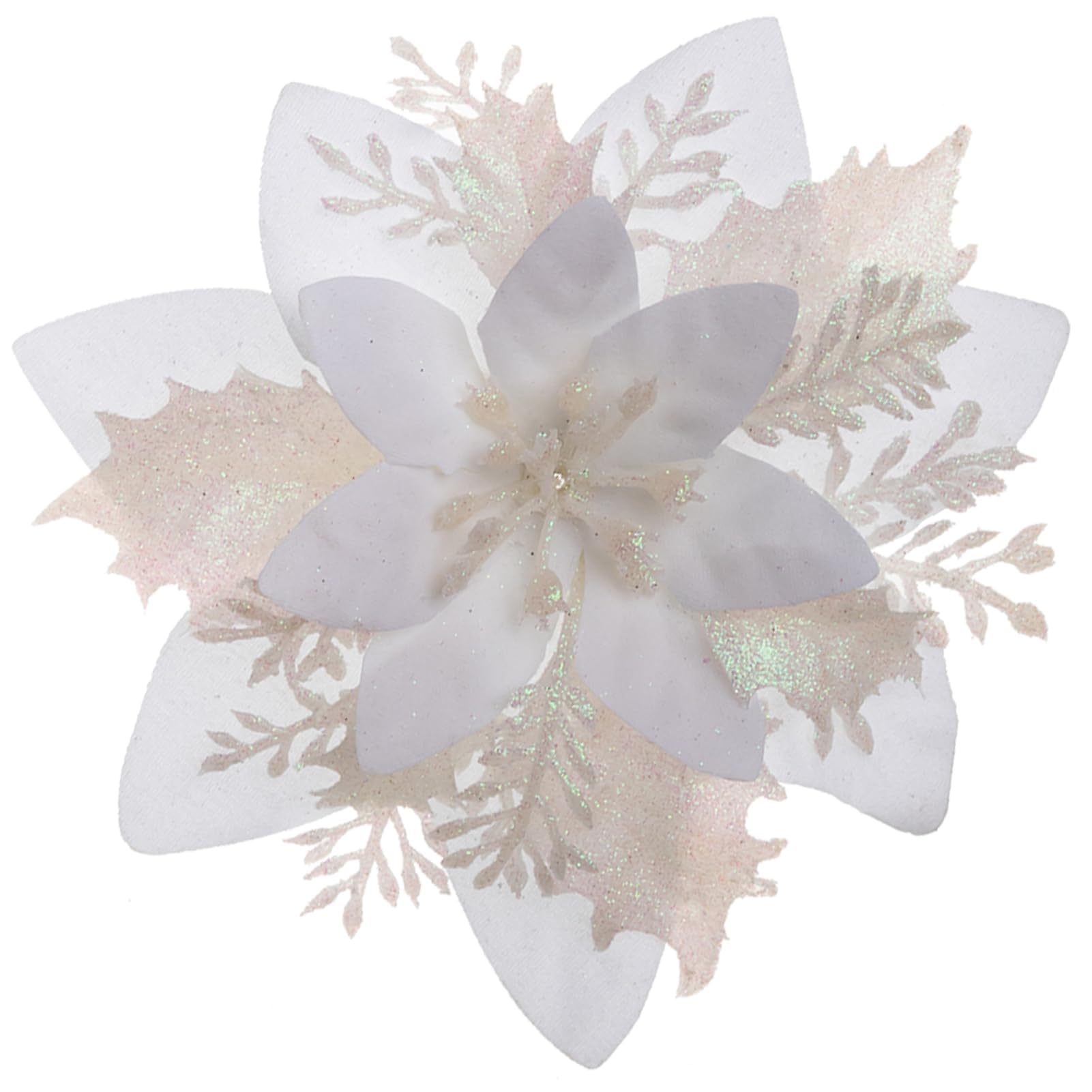 Xmastell White 15Pcs Poinsettia Artificial Flowers Decorations, Glitter Christmas Flower Ornaments, Christmas Tree Decorations Flowers, With Clips For Xmas/Wreath/Garland Decor, 14Cm