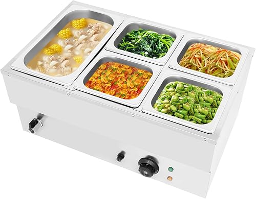 Calentador eléctrico comercial de alimentos, 110 V, 5 bandejas, de acero inoxidable, calentador de alimentos Bain Marie, mesa de vapor con control
