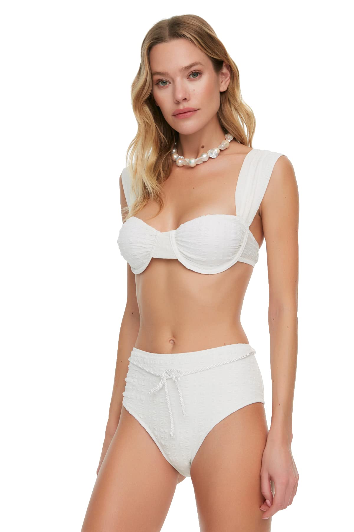 Trendyol Damen Ecru Textured Curved High Waist Bikini Bottoms, 38 Eu