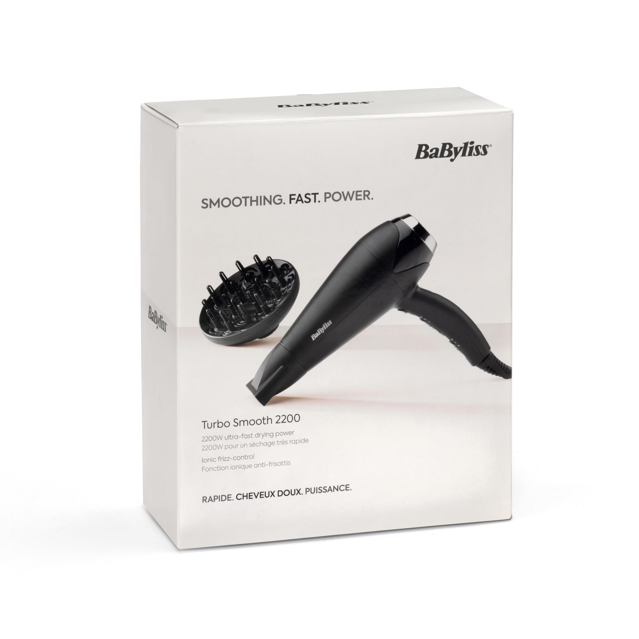 BaByliss Sèche-cheveux Turbo Smooth - Sèche-cheveux puissant de 2200W, Diffuseur large, Technologie ionique anti-frisottis, 3 réglages de température et 2 réglages de vitesse, noir, D572DE