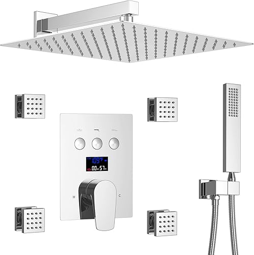 Sistema de ducha cromado de cuerpo completo, juego de cabezal de ducha de 12 pulgadas, pantalla de temperatura del agua y control de flujo,