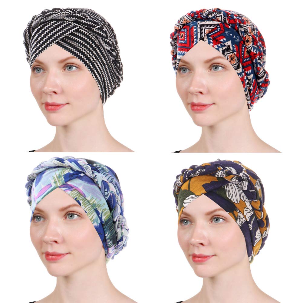 Babahu Women's 01-4Pcs-4 Chemo Hat Turban Beanie, Pre-Tied Headwraps Headwear Bandana For Hair Loss, One Size