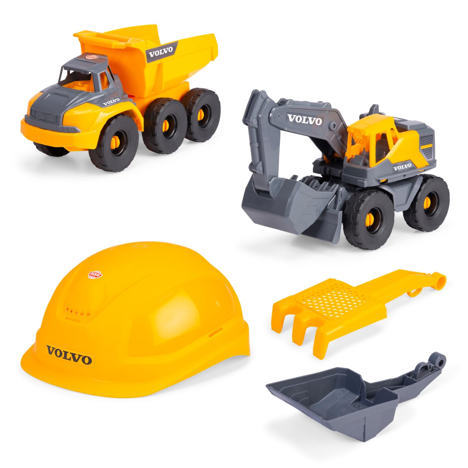 Dickie Toys - Volvo zestaw budowlany Construction (5-częściowy) – duża koparka do zabawek i wywrotka (po 26 cm) z kaskiem, szuflą i sitkiem do grabienia, zabawka do samochodu i piasku dla dzieci od 3