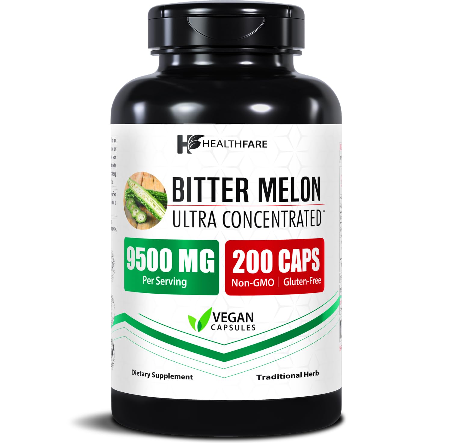 Healthfare Bitter Melon Capsules Extract 9500mg | 200 Vegan Pills | Standardized Extra Strength Herbal Supplement | Non-GMO, Gluten-Free | Made in USA