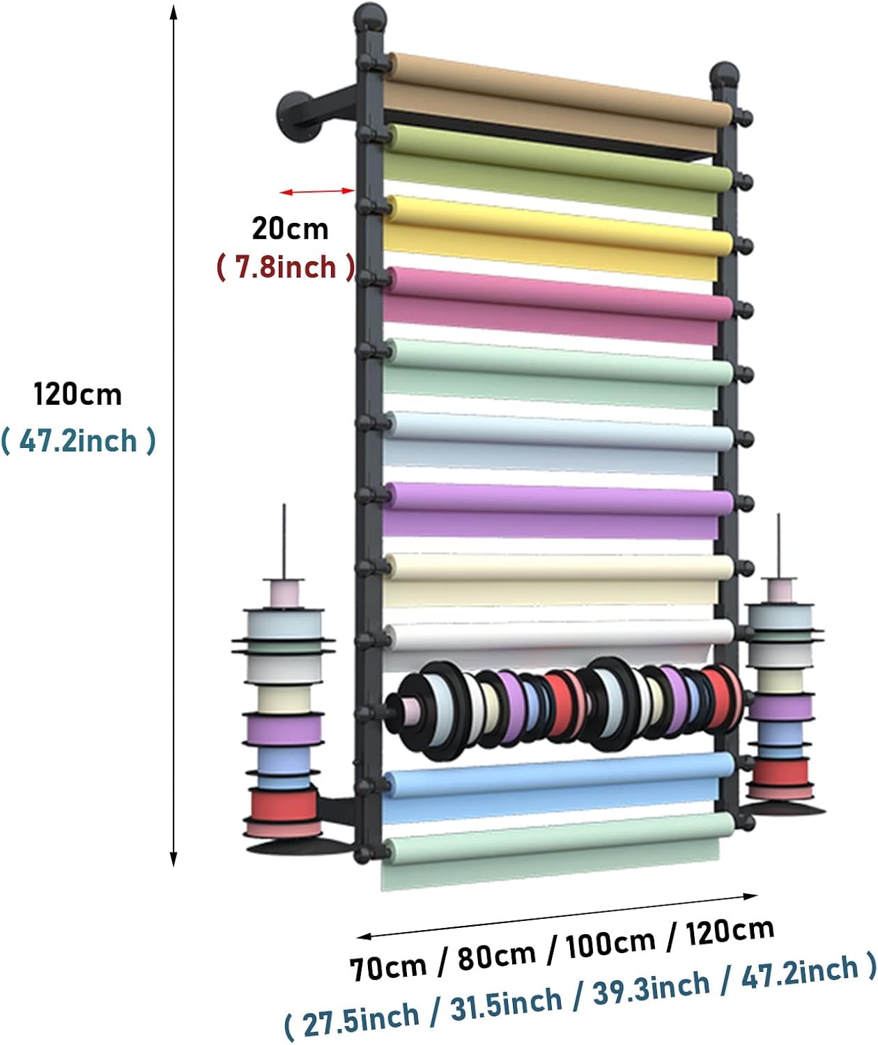 Ribbon Display Storage Organizer Wire Spool Rack Wrapping Paper Shelf Wall Mounted,Detachable Ribbons Tray&Removable Crossbars,Black,120X20X120Cm