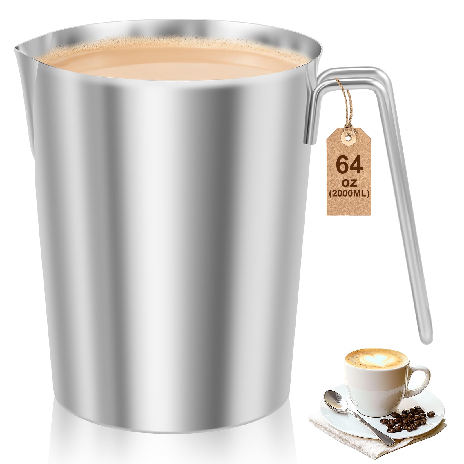 Milk Frothing Pitcher，Stainless Steel Milk Jug Measuring Cup with Scale for Making Latte Art and Coffee Cappuccino,Coffee Dairy Measuring Jug(Silver,2000ML)