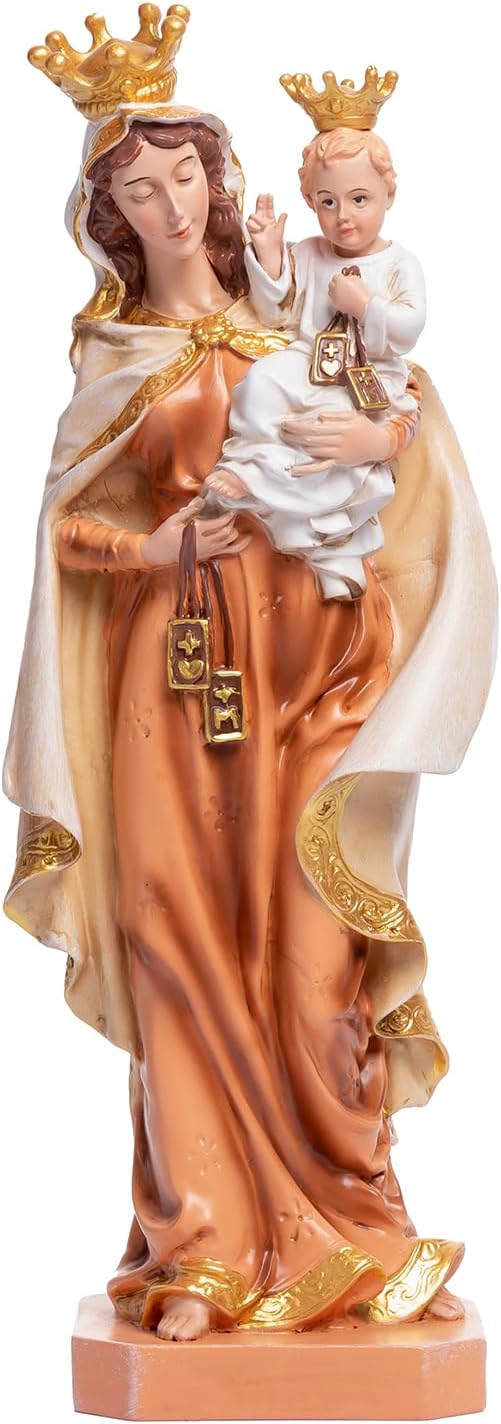 YUYAN Our Lady of Mount Carmel with Baby Jesus Statue, 9.8 Inches Tall, Brown Scapular, Carmelite Religious Decor for Home Altars, for Catholic Men and Women, Resin, Virgin Figurine