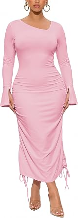 Ekaliy Womens Elegant Long Sleeve Midi Dresses Ruched Bodycon Wrap Dress