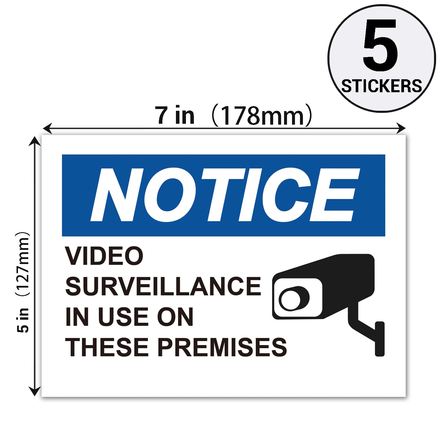 Paquete de 5 calcomanías de señal de advertencia de videovigilancia, 7 x 5 pulgadas, etiquetas adhesivas de vinilo autoadhesivo de alta calidad.
