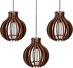 Kit 3 Lustre Pendente Luminaria Rustica Sala Cozinha Madeira