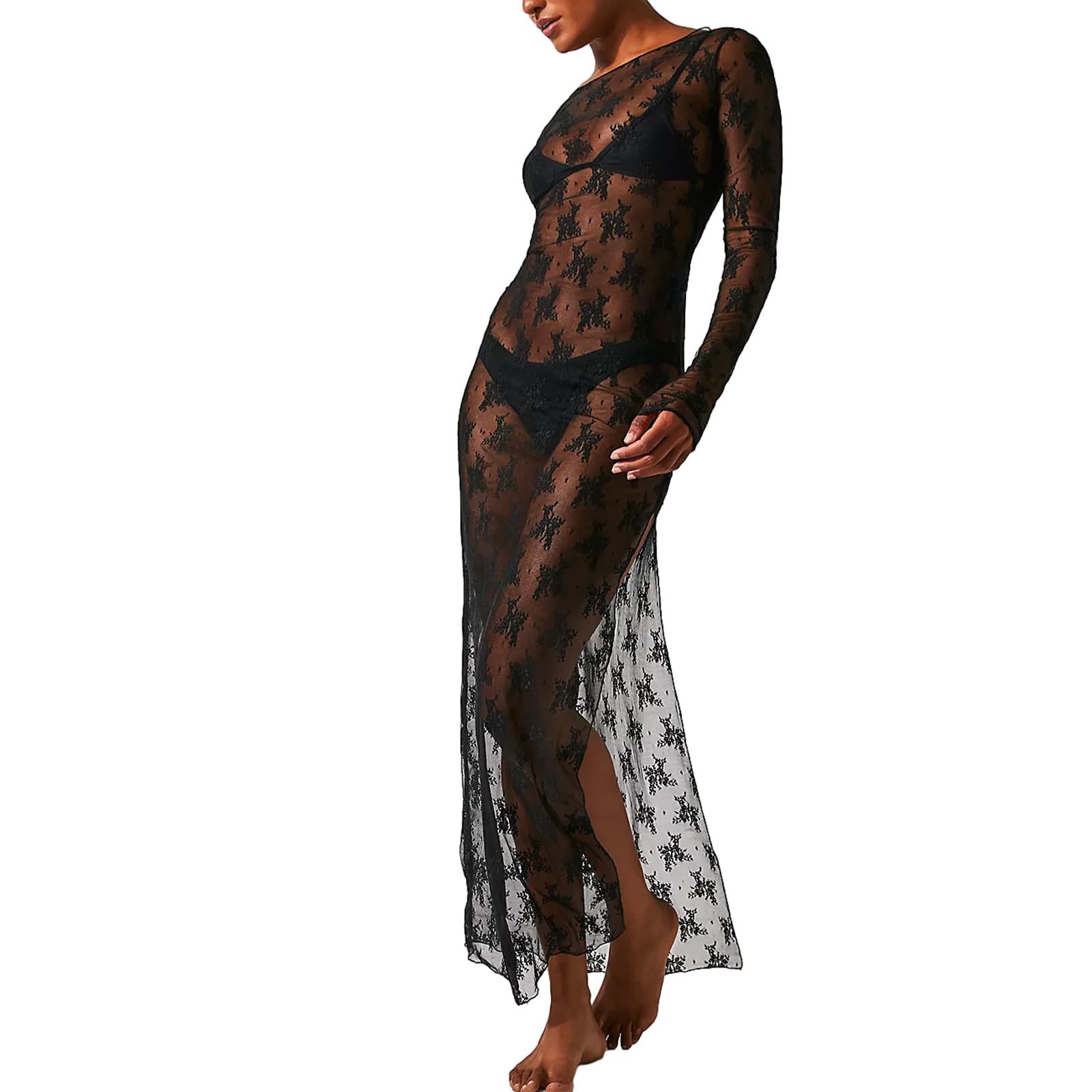Loalirando Vestido largo mujer vestido transparente mujer vestido elegante de manga larga vestido de encaje mujer vestido de fiesta Bodycon de noche cóctel, Negro , L