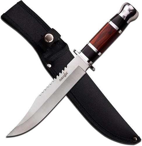 Survivor - Cuchillo de hoja fija - Hoja de punta de clip con acabado satinado con Sawback, mango de madera negro y marrón, funda de nailon - HK-781L