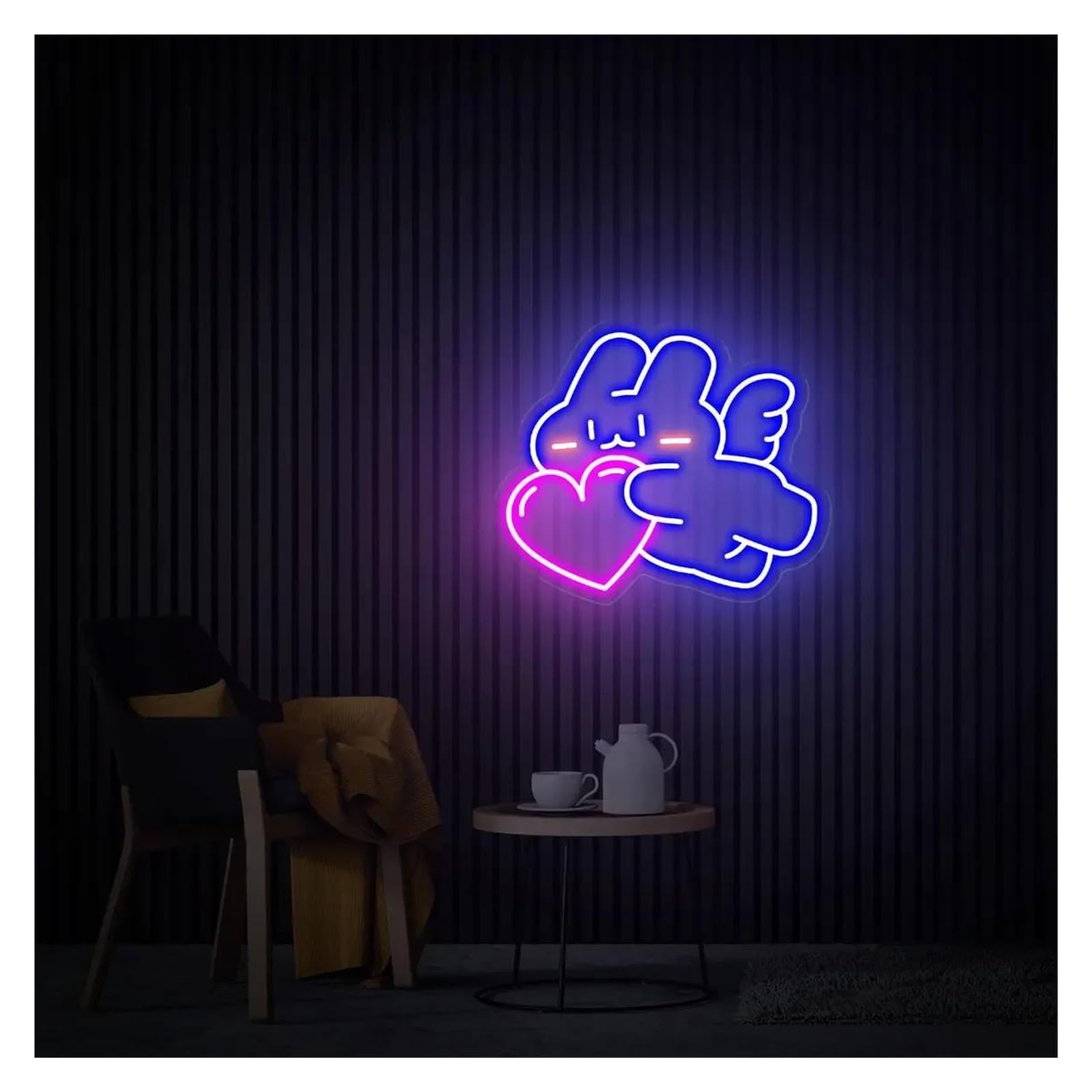 LEMST Signs Lamp Bunny Angel with Heart Neon Sign, Cute Rabbit Neon Sign, Bedroom Decor, Neon Wall Art 38cm/43cm(B,43cm)