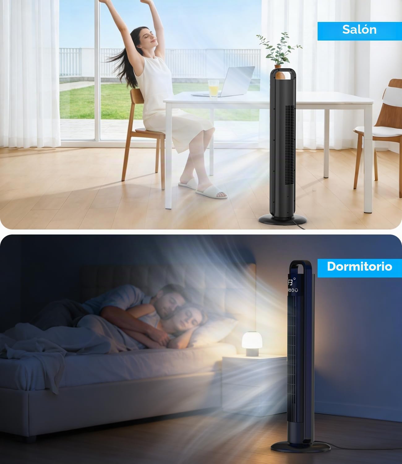 Ventilador de Torre Silencioso con Mando, 4 Velocidades, Velocidad de 9 m/s, Rotación de 70°, Temporizador 12H, Pantalla LED, 91cm Ventilador de Pie con Modo Sleep