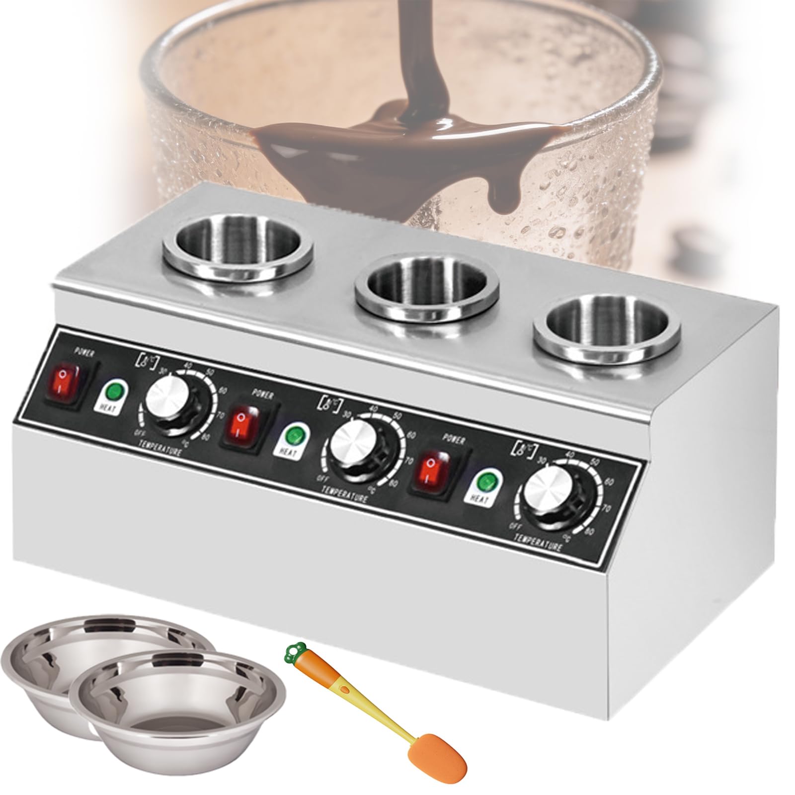 YXYLJOZ Commercial Jam Heat Preserving Machine,Stainless Steel Electric Sauce Heater,Features A Timer Function,Adjustable Temperature With Cleaning Brush For Chocolate, Cheese (3grid)