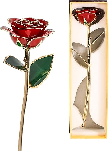 Miniatura 3 de Fydun Rosa dorada para adultos mayores, hoja verde, tallo largo, sumergida en oro de 24 quilates, en caja de regalo con soporte transparente, rosas