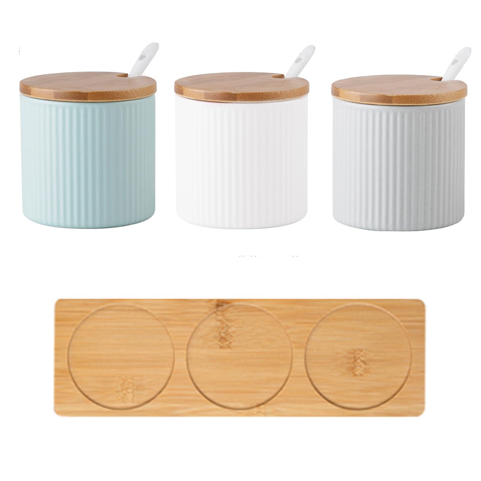 Juego de 3 azucareros de cerámica de 300 ml con bandeja para servir, tarro de especias colorido con tapa de madera y cuchara para sal, azúcar, café, té, caja de condimentos para el hogar