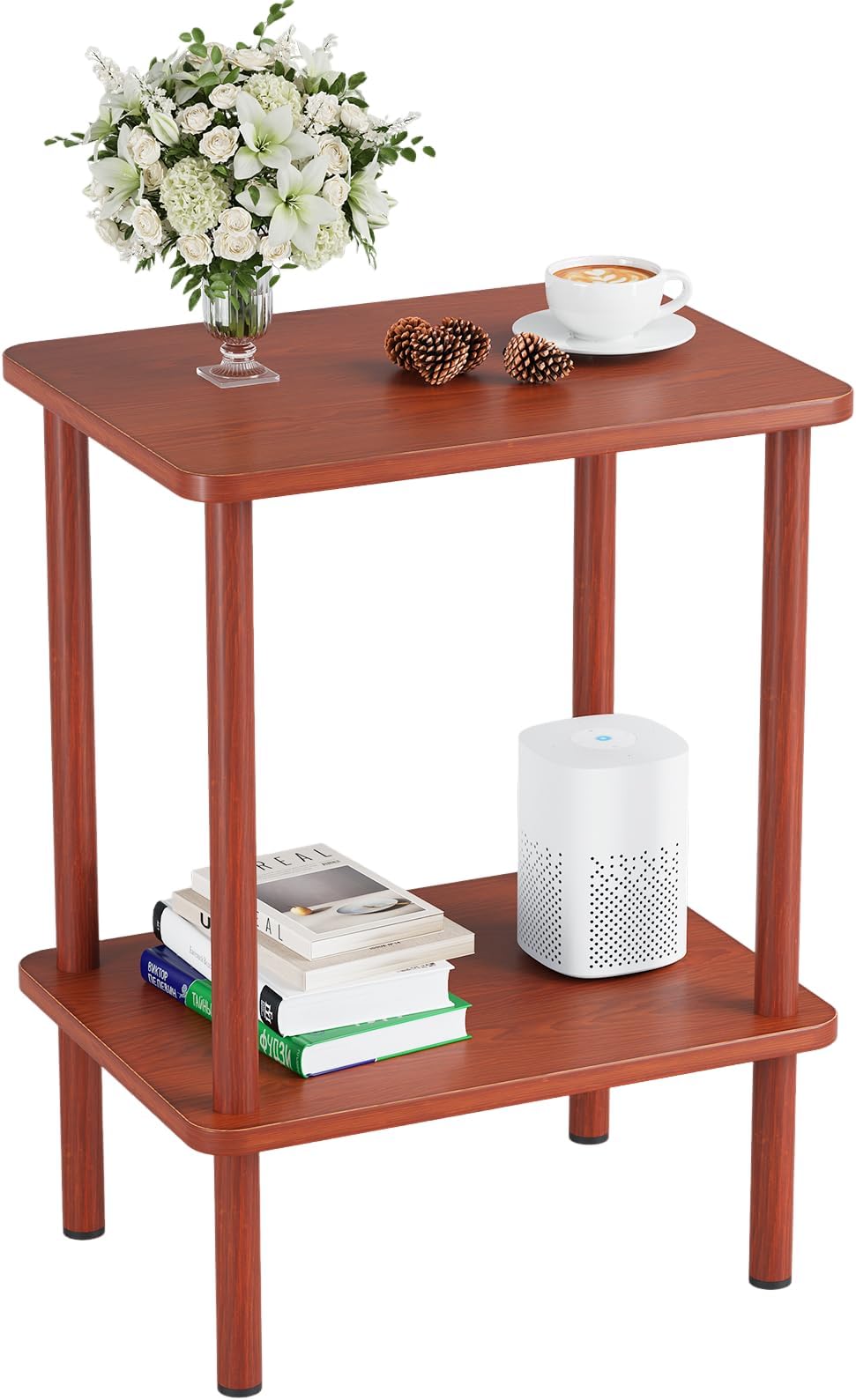 Apicizon 2 Tier End Table, Small Side Table with Solid Wood Legs, Boho Bedside Table with Storage Shelf, Nightstand for Small Spaces, Bedroom, Living Room, Entryway, Easy Assembly, Vintage Brown