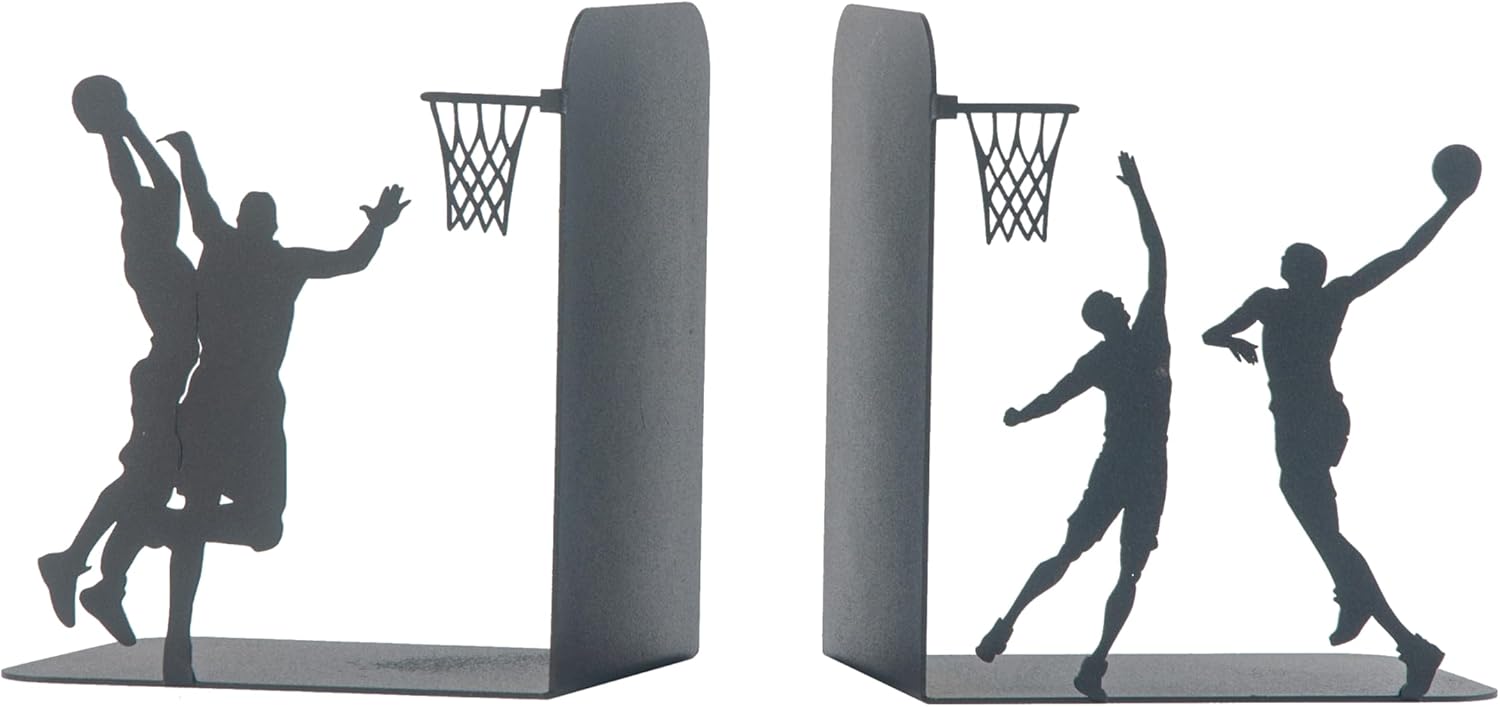 Bookends with Basketball Players Figured, Sports Players Bookend for Fans, Basketball Players Silhouette Book Supports for Kids, Best Gift for Boys, Decorative Slam Dunk Scene Book Holders