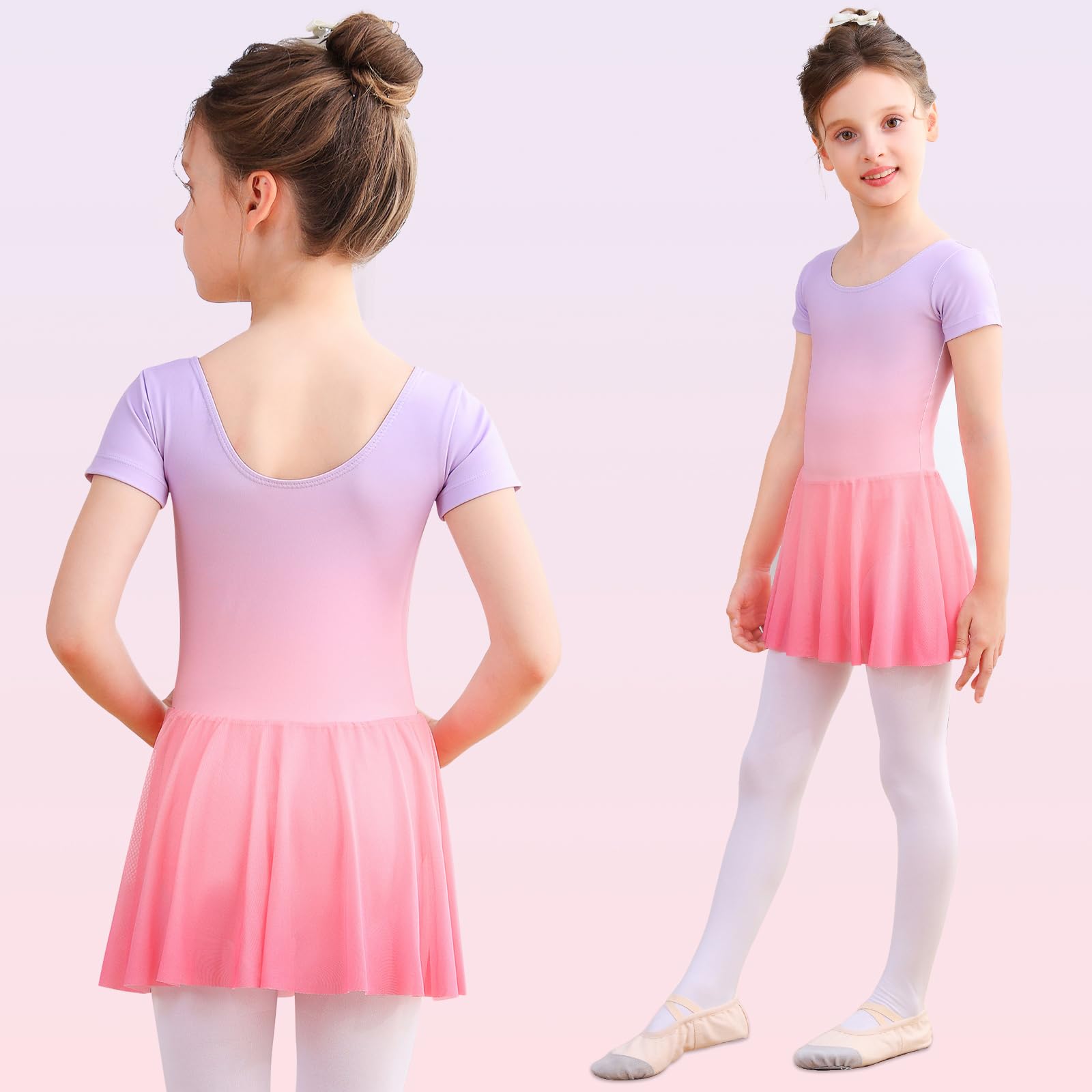 Bezioner Ballettkleidung Mädchen Ballettkleid Kinder Kurzarm Tanzkleid Gradient Ballett Trikot Ballettanzug mit Rock Rosa