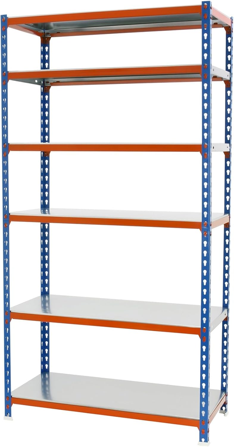 Simon Rack Metal Shelf, 2500x800x400 mm, 6 Heights, Metal Tray, 180 kg Flex Point, Storage Shelf, Blue/Orange/Galva - Simonclick