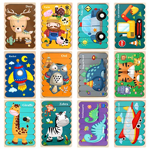 Fansteck Wooden Jigsaw Puzzles Sorting and Stacking Toys Peg Puzzles Animals & Transportation Montessori Preschool Educational Learning Toys Set for 3 4 5 Years Old (6 Boards & 48 Pieces)