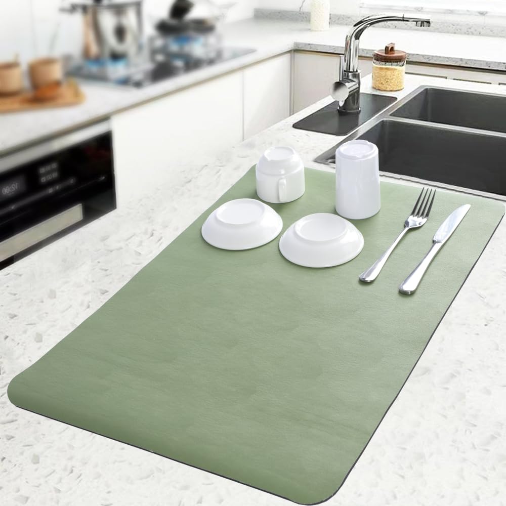 Dish Drying Mat for Kitchen Counter, 24 x 16in Kitchen Super Absorbent Draining Mat, Non-Slip Dish Drying Pad with Rubber Backed, Hide Stain Drainer Mats for Countertop and Coffee Maker (Green)